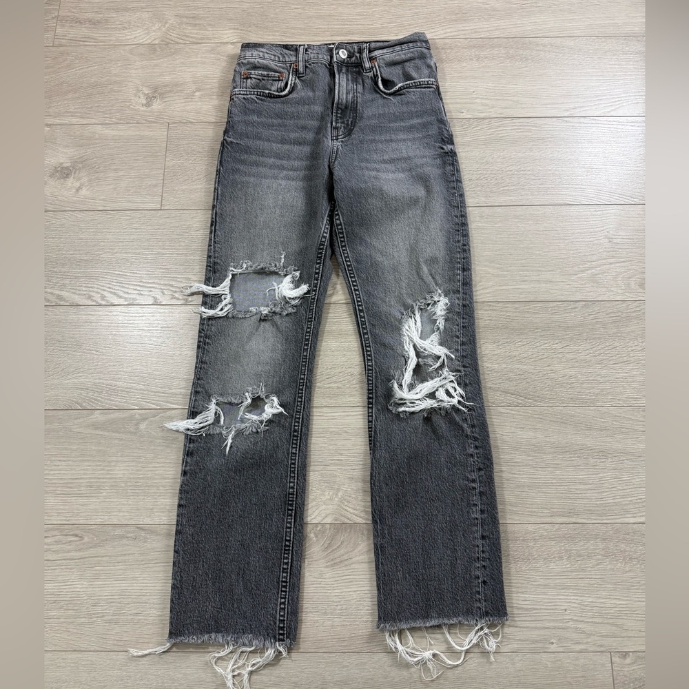 Zara The Straight Distressed Raw Hem Jeans